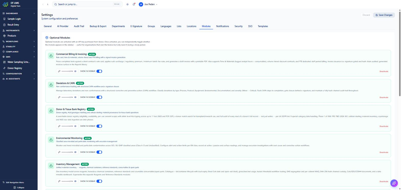 Each module is activated with its own key. Activation and sidebar visibility are separate, so a licence can be held while the module stays out of the rail.